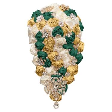 Imagem de Buquê de noiva feito à mão de cetim com gota de água rosa, 22 cm, buquê redondo para casamento de cristal de 22 cm, buquê de dama de honra, buquê de dama de honra, noivo, corpete, noiva, pulso, flor
