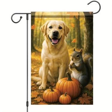 Imagem de Starlit Patio Bandeira de jardim de outono de ação de graças labrador e bandeira de esquilo 30,5 x 45,7 cm bandeira dupla face folha de abóbora quintal outono decoração ao ar livre para varanda