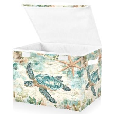 Imagem de Linda tartaruga marinha grandes caixas de armazenamento dobráveis com tampas, cestas de armazenamento, recipientes organizadores com alças para brinquedos de roupas de berçário
