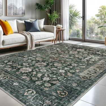 Imagem de KUTA Tapetes vintage 20 x 25 cm para sala de estar, tapete grande lavável para quarto 2,4 m x 3 m, antiderrapante, verde escuro, ultrafino, macio, estampado, tradicional floral, medalhão envelhecido