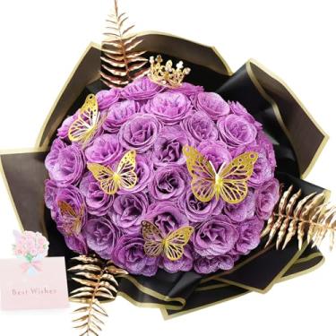 Imagem de Rosa com glitter artificial roxo claro com hastes papel de embrulho coroas de borboletas 3D para Dia das Mães, formaturas, aniversário, casamento, buquês de casamento, para ela