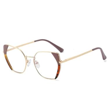 Imagem de VFDHN Armação de óculos retrô polígono feminina, moderna, dupla cor, com dobradiça de mola, masculina, transparente (rosa, leopardo)