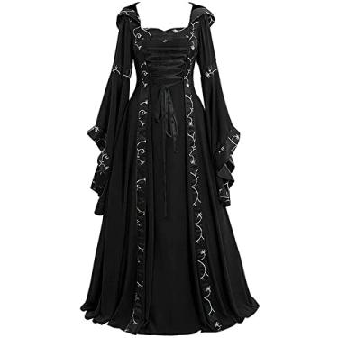 Imagem de STIOEDYUAN Women Renaissance Medieval Dress Irish Hooded Vintage Gothic Fairy Ball Gown Chemise Lace Up Long Flared Sleeve Dress Party (Black, 3XL-Large)