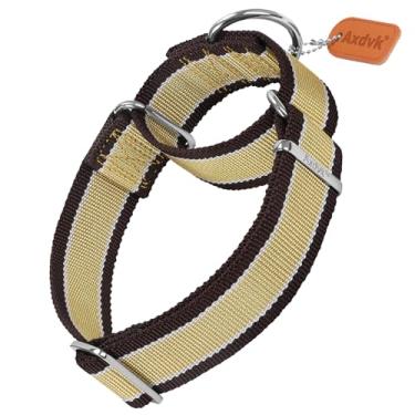 Imagem de Axdvk Coleira Martingale de 3,8 cm de largura, 1600D, extraforte, antiescape, coleira para cães, resistente, sem puxão, com listras de 3 cores para cães de médio a GG (GG, cáqui e marrom escuro)
