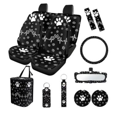 Imagem de Suobstales Conjunto de capas de assento de carro com estampa de pata de cachorro ECG com capa de volante universal, almofadas de cinto de segurança, porta-copos de porta-copos, lata de lixo de carro,