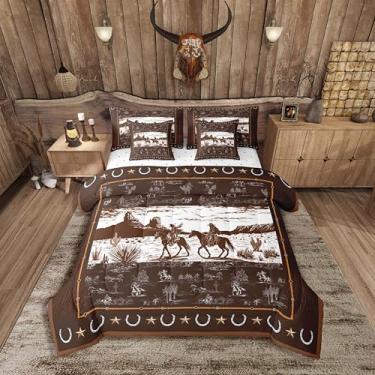 Imagem de Feelyou Conjunto de edredom asteca ocidental, 7 peças, conjunto de cama king size, cavalo, caubói, rústico, decoração ocidental, campo, velho oeste, cama em uma bolsa, marrom com edredom, conjunto de