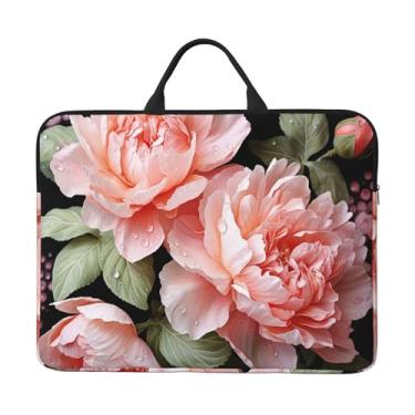 Imagem de Capa para laptop rosa com flores de peônia de 35,5 cm, bolsa de transporte para computador, à prova de choque, capa protetora para notebook, bolsa portátil para laptop, bolsa à prova d'água para