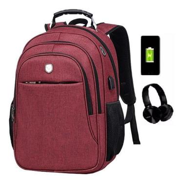Imagem de Mochila Notebook Entrada Usb E Fone Masculina Feminina Vinho