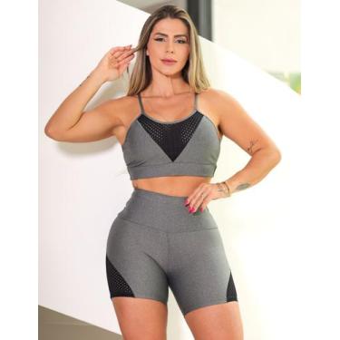 Imagem de Conjunto Fitness Feminino com Recortes em Tela Short e Cropped com Boj