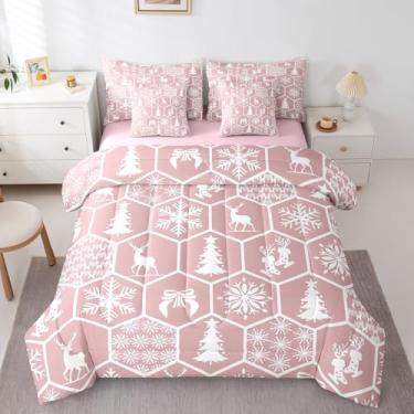 Imagem de Erosebridal Conjunto de edredom de Natal rosa, solteiro, geométrico, hexagonal, favo de mel, árvore de Natal, flocos de neve, cama em uma bolsa, veado selvagem, conjunto de lençol com meias de Natal