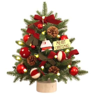 Imagem de Árvore de Natal de mesa, iluminada, pequena árvore de Natal de 45,7 cm com ornamentos de pinheiro, mini decorações de Natal para casa, escritório, festa