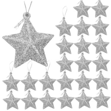 Imagem de 24 peças de enfeites de estrela para árvore de Natal 5 cm PVC mini enfeites de estrela prata glitter estrelas penduradas enfeites de Natal prata pingente de estrela para árvore de Natal, casa, festa