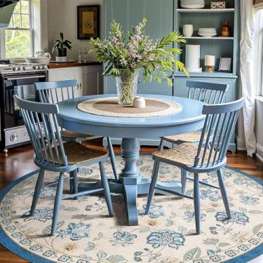 Imagem de jinchan Tapete redondo floral de 2,4 m para sala de jantar, lavável, tapete de sala de estar, design vintage romântico, antiderrapante, para uso interno, leve e discreto para quarto, varanda, pátio