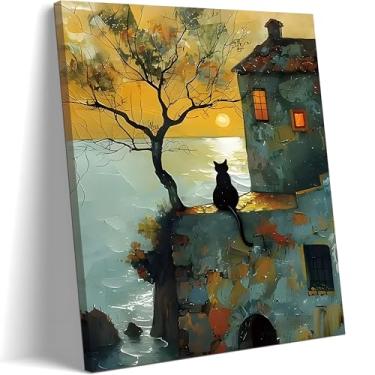 Imagem de Arte de parede emoldurada para observação de gatos ao pôr do sol, imagem impressa em tela de silhueta de gato preto, estilo de pintura a óleo de paisagem costeira vintage, decoração de parede de gato