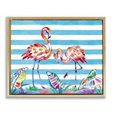 Imagem de Stupell Industries Arte de parede em tela flutuante dourada com pincelada flamingos em listras por Paul Brent, 64 x 79 cm