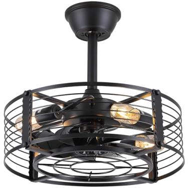 Imagem de Dannilong Ventilador de teto enjaulado com luz, lustre preto de 45,7 cm, ventiladores de teto para cozinha, quarto, ao ar livre, controle remoto, reversível