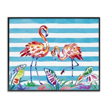 Imagem de Stupell Industries Pincelada flamingos em listras pretas emolduradas giclée design de arte por Paul Brent, 28 x 35 cm