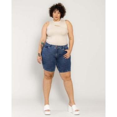 Imagem de SHORTS JEANS FEMININO PLUS COM CÓS DUPLO E ABERTURA LATERAL NA BARRA  22407 48 ESCURA UNICA-Feminino
