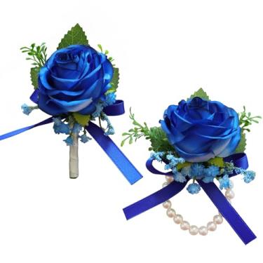 Imagem de MAFELOE Conjunto de 2 peças de corpete rosa artificial e flor na lapela, acessórios de flores de simulação para celebração de casamento, evento de negócios, decoração de terno - azul escuro (M7-Y2