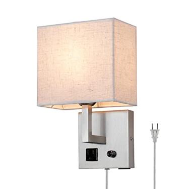 Imagem de Arandela de parede, lâmpada de parede de cabeceira com plugue e interruptor regulável, com porta de carregamento USB e tomada, adequada para hotel, corredor, sala de estar e quarto luz de parede