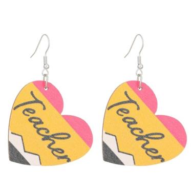 Imagem de Brincos pendentes de professor, brincos de volta às aulas, lápis colorido, livro de maçã, arco-íris, brincos para mulheres, professores, graduação, joias de volta às aulas, Large, Madeira, Sem pedra