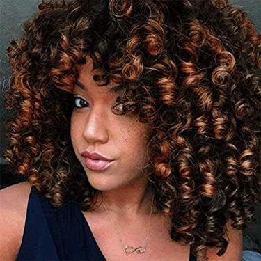 Imagem de rosmile Perucas encaracoladas para mulheres negras - Peruca de cabelo afro-americano sintético marrom ombré com franja