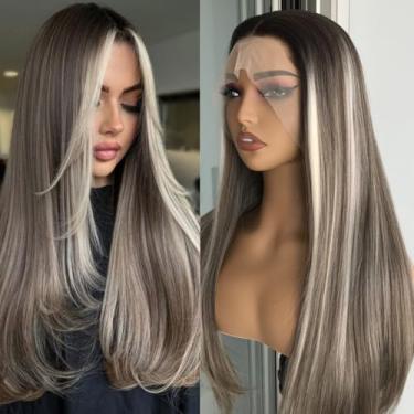 Imagem de mytonecoo Peruca feminina com detalhes loiros Ashy Brunette with Blonde Lace Front Wig para mulheres 33 x 10 peruca frontal pré-arrancada aparência natural 56 cm para uso diário