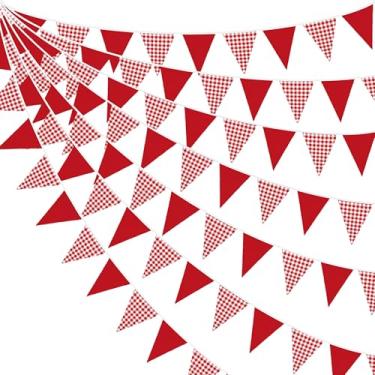 Imagem de Decoração de festa de guingão vermelho de 80 m, guirlanda de tecido xadrez vermelho e branco com bandeira triangular xadrez para aniversário, chá de bebê, carnaval, piquenique, pizza, cachorro-quente
