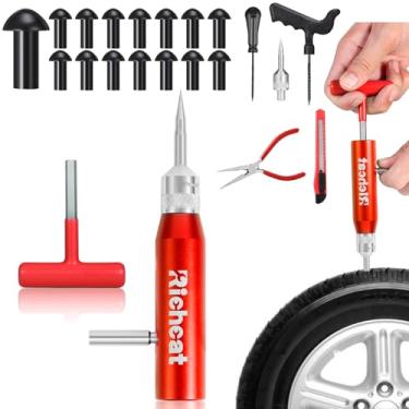Imagem de Richcat Kit de reparo de perfuração de pneu sem câmara com plugue de cogumelo, repara furos e pneus furados para motocicletas, carros, caminhões, quadriciclos e tratores