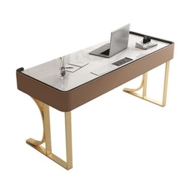 Imagem de ZzleoyuUUs-12 Mesa de escritório moderna para escritório com tomadas Charing, mesa de trabalho para laptop de luxo com moldura de metal dourado (M)