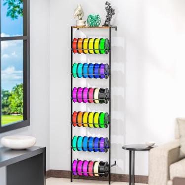 Imagem de Suporte de parede para armazenamento de filamentos de impressora 3D, suporte de carretel de filamento de 6 camadas com placa de madeira superior, suporte organizador de filamentos de metal resistente