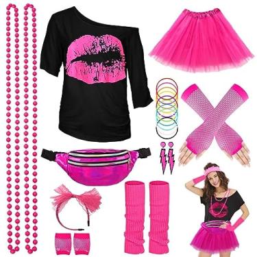 Imagem de WILDPARTY Acessórios de fantasia dos anos 80 para mulheres, camiseta tutu pochete faixa de cabeça brinco colar luvas arrastão polainas festa dos anos 80 roupa de Halloween para mulheres 24 peças (rosa