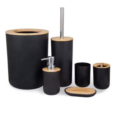 Imagem de Kit Banheiro 6 Peças com Lixeira + Escova Sanitária + Porta Escova de Dente + Porta Sabonete Líquido + Copo + Saboneteira Acabamento em Bambu Lavabo Luxo Minimalista Moderno Redondo 0066 (Preto)