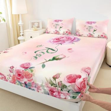 Imagem de Jogo de cama solteiro rosa rosa com flores de jardim para decoração de quarto de meninas adolescentes e crianças, lençol com elástico de microfibra macia (1 lençol com elástico + 1 fronha)