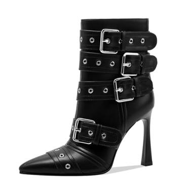 Imagem de GOSERCE Botas de cano alto pretas e brancas para mulheres sexy bico fino fivela rebites bota stiletto alta moda botas longas de salto alto com zíper feminino couro envernizado preto sapatos brancos