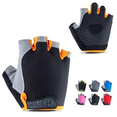 Imagem de WULI Luvas de ciclismo de meio dedo, luvas de fitness masculinas e femininas para ciclismo, respirabilidade, equipamento de ioga antiderrapante, anticasulo, proteção de pulso, palma espessa (laranja