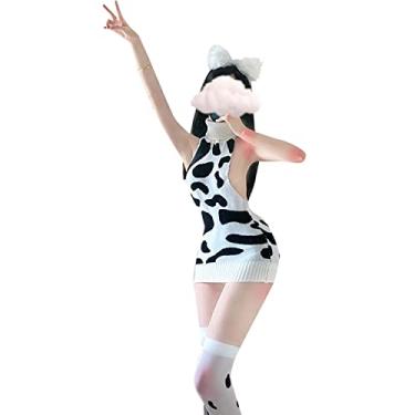 Imagem de SINMIUANIME Conjunto de lingerie feminina anime vaca leite leopardo cosplay lingerie vestidos de empregada sexy (1429Cows)