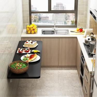 Imagem de Mesa Dobrável Flutuante Montada Na Parede, Mesa De Jantar Com Folha De Gota Mesa De Madeira Pequena, Prateleira De Estação De Trabalho Dobrável Com Suportes D, Black, 60x50cm/24x20in