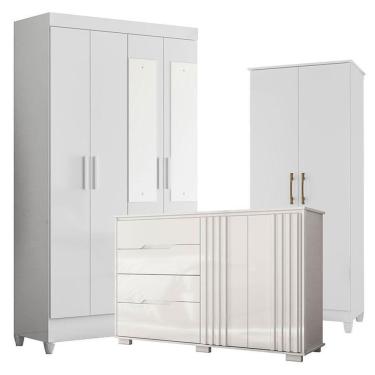 Imagem de Guarda Roupa Com Espelho Infantil Madri Com Cômoda Texas E Armário Multiuso Jade Branco Brilho – Moval