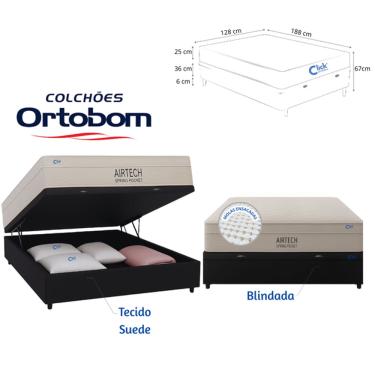 Imagem de Conjunto Colchão Ortobom Airtech Viúva 128x188 Molas Ensacadas + Cama Box Baú Blindada Suede para Quartos Compactos