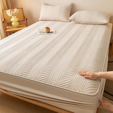 Imagem de Lençol de elástico macio e aconchegante protetor de colchão acolchoado confortável capa de colchão luxuosa, bolso profundo para colchão, impermeável sem ruído, colcha cáqui ||180 x 220 cm (apenas capa