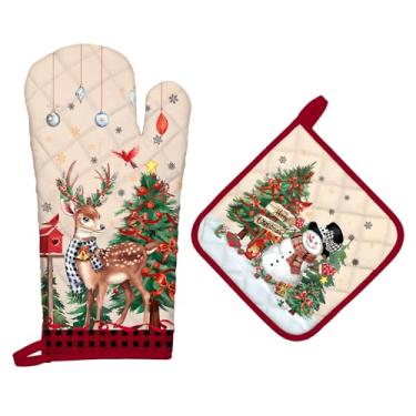 Imagem de Arquiel Conjunto de luvas de forno e suportes de panela para boneco de neve de veado de Natal, 2 peças, 100% algodão, resistentes ao calor, luvas de forno extralongas para cozinha, cozinha, decoração