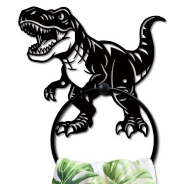Imagem de MAYJOYDIY Roar Dinossauro Metal Toalheiro Tiranossauro Rex Suporte de Toalha de Banho Animais Jurássicos Anel de Toalha de Banho Arte Preta para Banheiro Cozinha Toalha Cabide Decoração de Casa