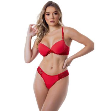 Imagem de Conjunto sensual com bojo em poliamida lisa e renda vermelho