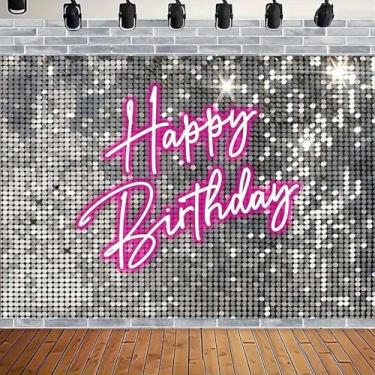 Imagem de ALELCJY Pano de fundo rosa brilhante neon feliz aniversário estrelas brilhantes decoração de parede faixa feminina doce 16, 18, 20, 30, 40 anos (prata, 2,1 x 1,5 m)