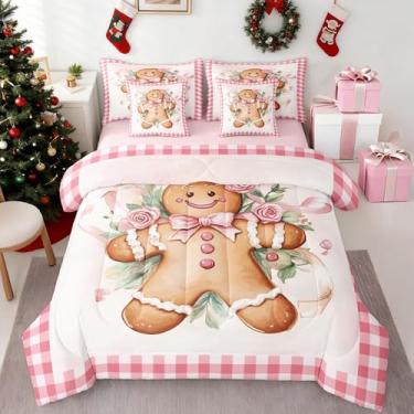 Imagem de Jogo de cama Queen masculino de gengibre, rosa, Natal, 7 peças, decoração de quarto de crianças, meninas, meninos, mulheres, geométrico, rosa, branco, quadriculado, para inverno, 2 fronhas, 2 fronhas