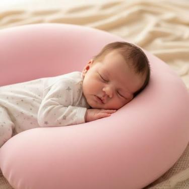 Imagem de Almofada de Amamentação Ergonômica com Capa Removível e Lavável – Conforto para Mamãe e Bebê (Rosa Bebê)