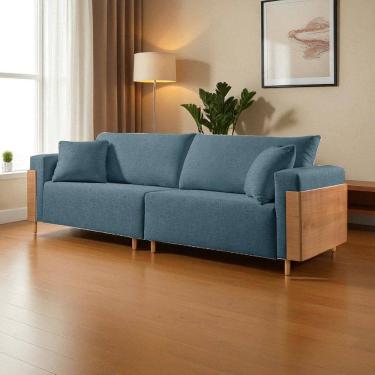 Imagem de Sofá Fixo Heitor 4 Lugares Luxo Pé de Madeira 2,80m Castellar Móbile Linho Azul