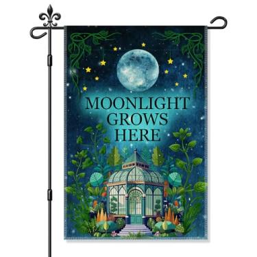 Imagem de Xipromi Bandeira de jardim Moonlight Grows Here, placa engraçada de lua cheia com efeito de estufa para uso externo, planta de casa, gramado, varanda, casa de fazenda, decoração ao ar livre, presentes