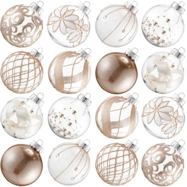 Imagem de Hollowfly Conjunto de 16 peças de enfeites de bola de Natal com glitter transparente, 8 cm, grandes bolas de Natal brancas e transparentes, decorações de Natal rústicas à prova de estilhaçamento de
